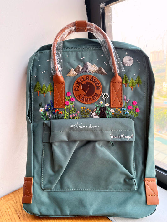 Personalized Pet Hand Embroidery, Kanken Backpacks Embroidered with Mountainscape and Nature, Wild Colorful Flower Garden Insipired Sewing Pattern