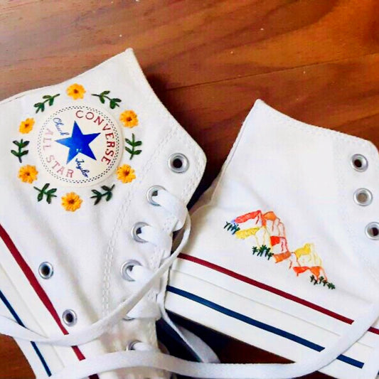 Converse Custom Hand Embroidery, Converse High Tops Embroidered With Floral Embroidery, Vintage Customized Shoes