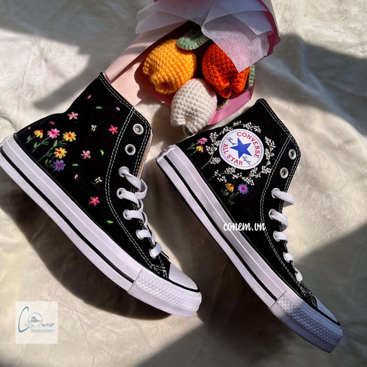 Converse Custom Hand Embroidery, Converse High Tops Embroidered With Floral Embroidery, Vintage Customized Shoes