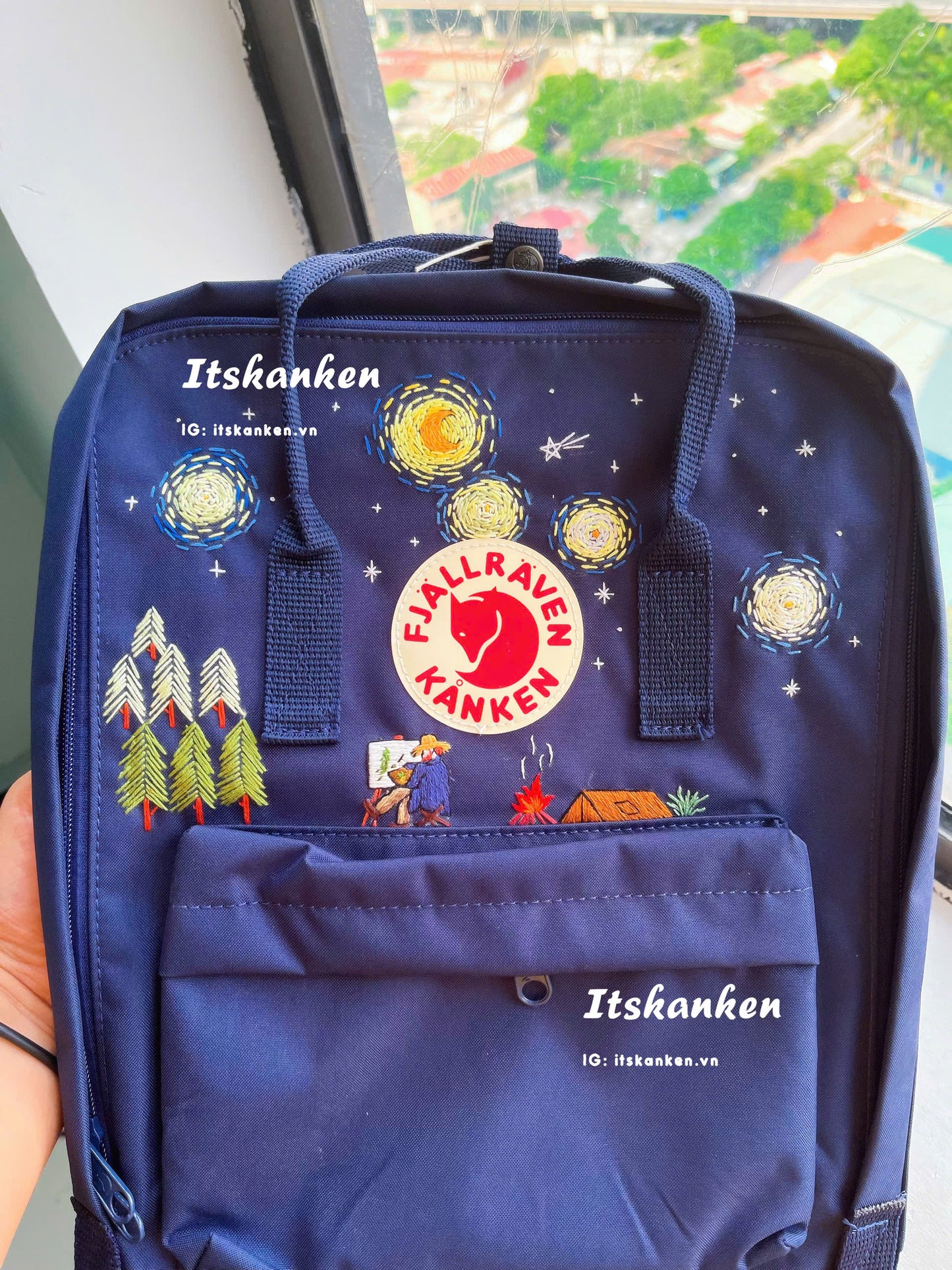 Personalized Van Gogh Starry Night Hand Embroidery, Hand Embroidered Fjallraven Kanken Backpacks, Van Gogh Starry Night Inspired Sewing Pattern