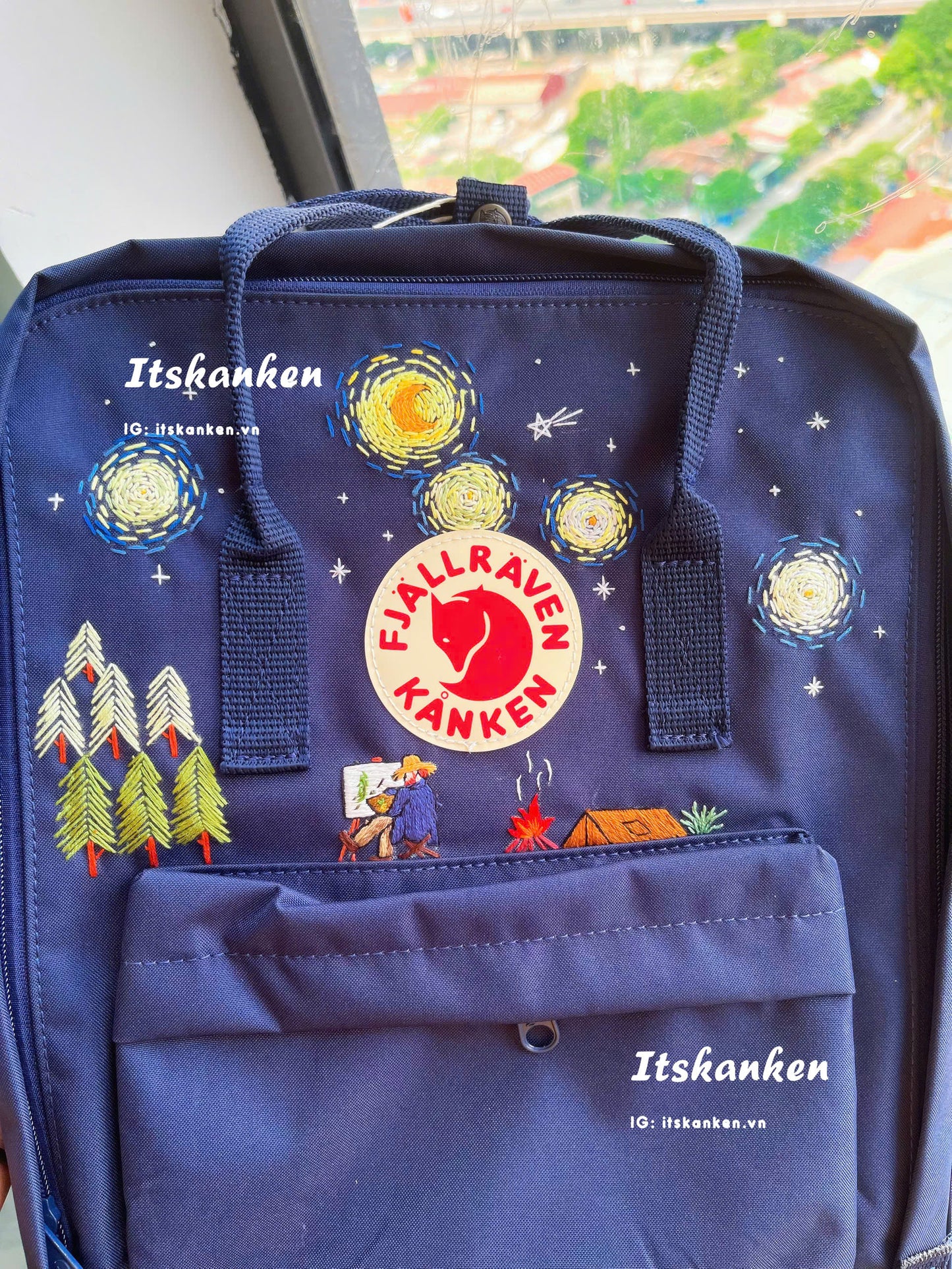 Personalized Van Gogh Starry Night Hand Embroidery, Hand Embroidered Fjallraven Kanken Backpacks, Van Gogh Starry Night Inspired Sewing Pattern