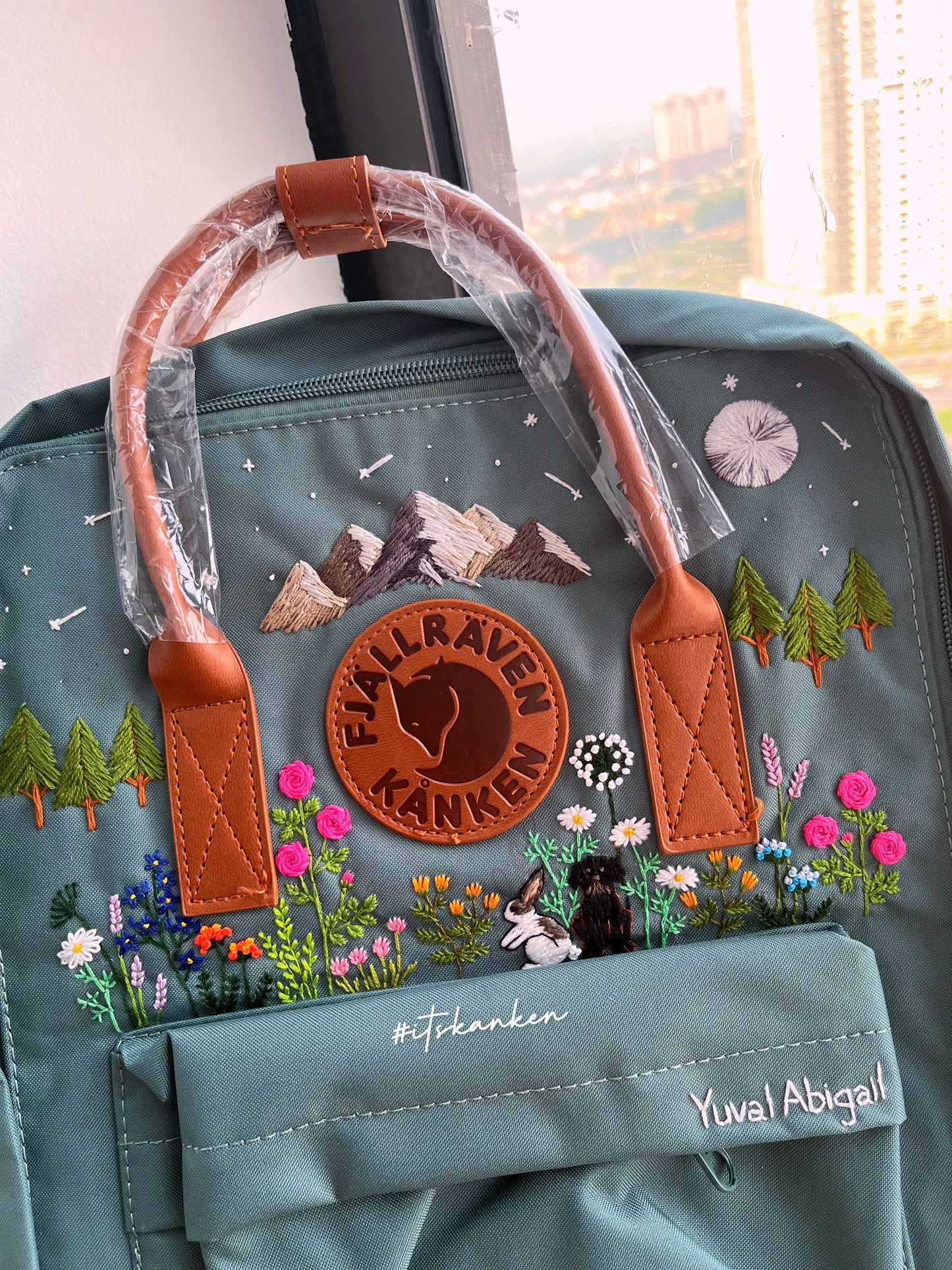 Personalized Pet Hand Embroidery, Kanken Backpacks Embroidered with Mountainscape and Nature, Wild Colorful Flower Garden Insipired Sewing Pattern