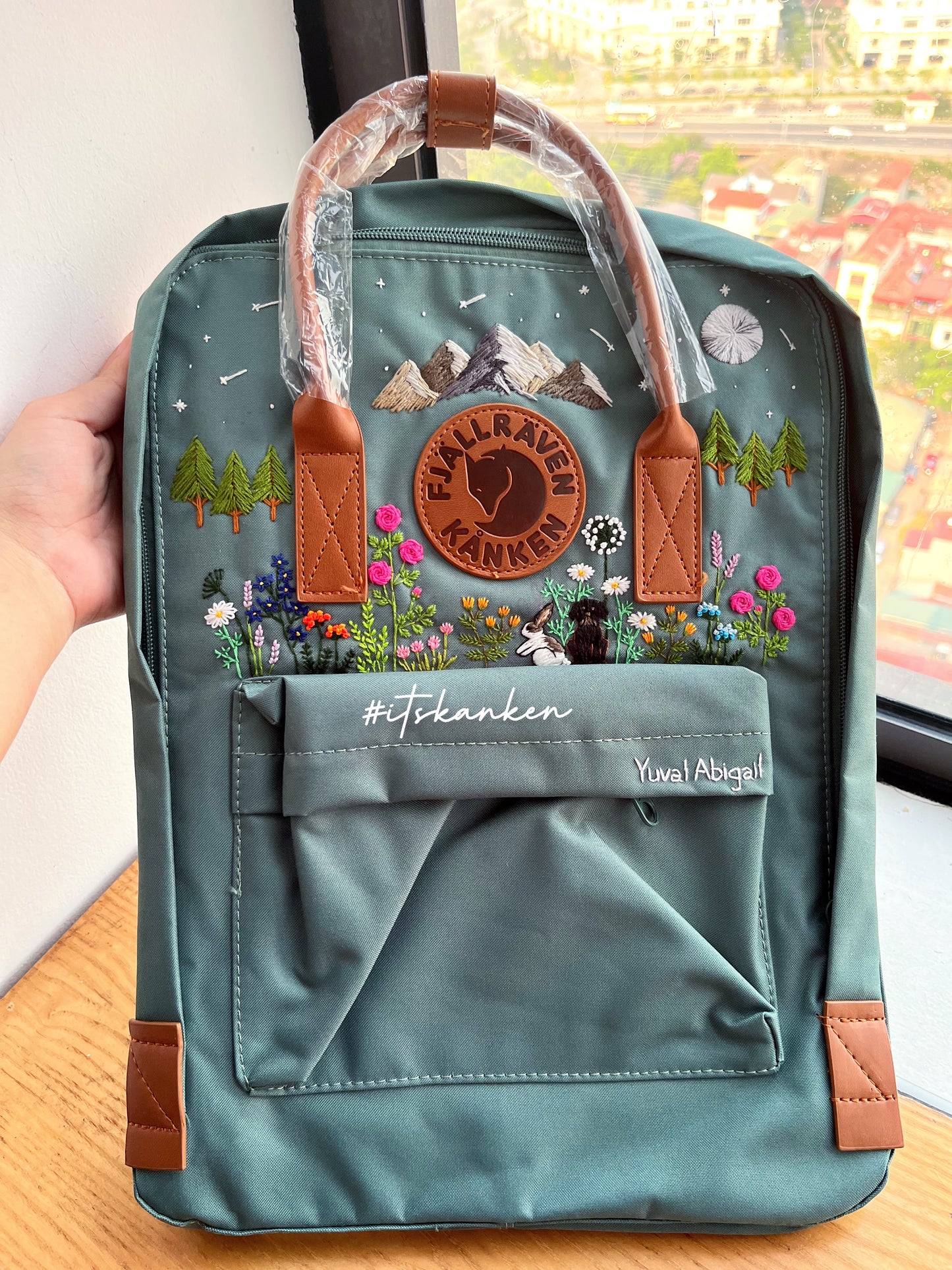 Personalized Pet Hand Embroidery, Kanken Backpacks Embroidered with Mountainscape and Nature, Wild Colorful Flower Garden Insipired Sewing Pattern