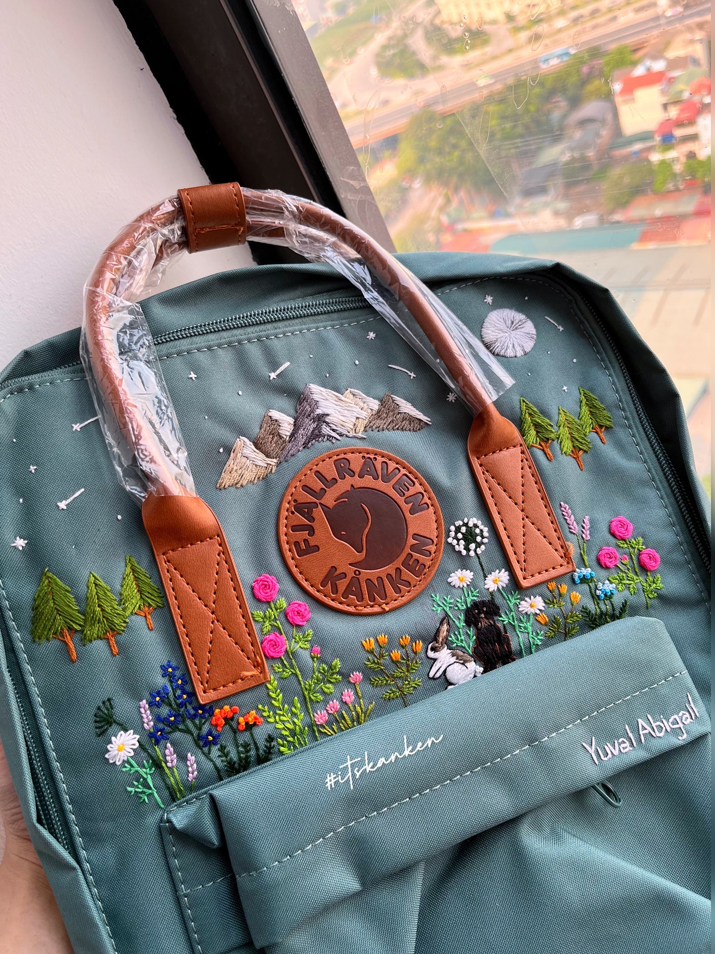 Personalized Pet Hand Embroidery, Kanken Backpacks Embroidered with Mountainscape and Nature, Wild Colorful Flower Garden Insipired Sewing Pattern