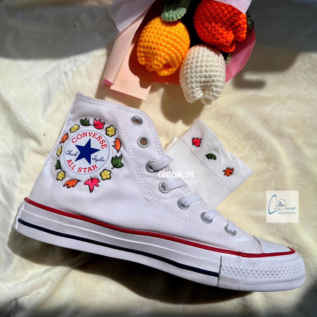 Converse Custom Hand Embroidery, Converse High Tops Embroidered With Heartstopper Drama Design, Vintage Customized Shoes