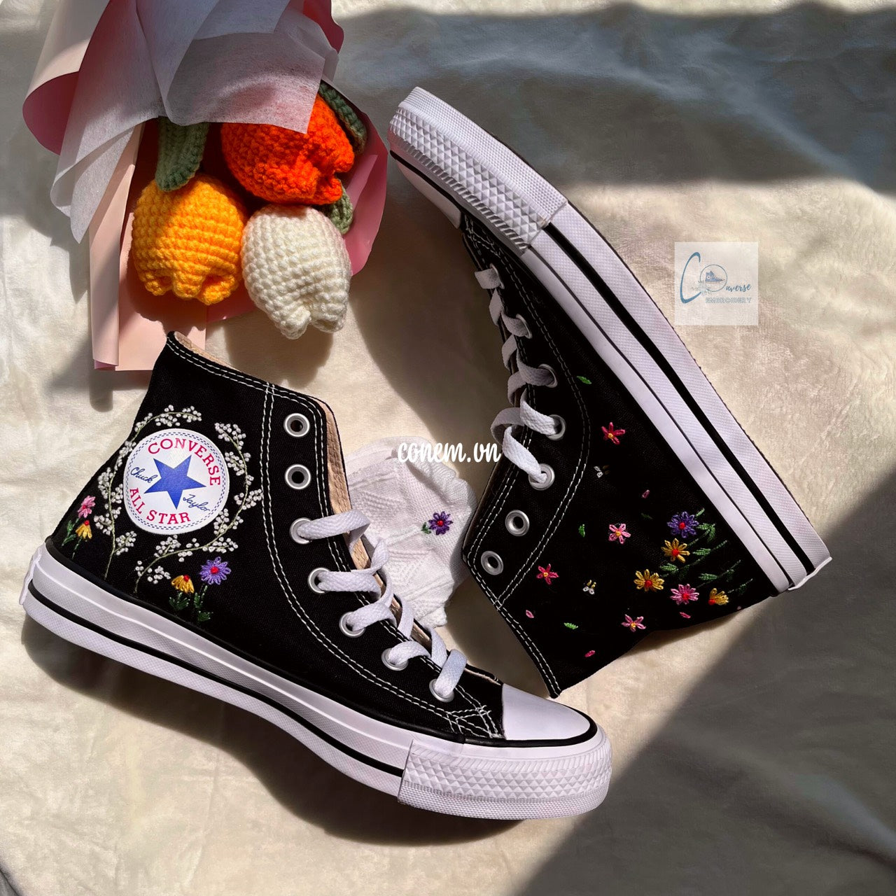 Converse Custom Hand Embroidery, Converse High Tops Embroidered With Floral Embroidery, Vintage Customized Shoes