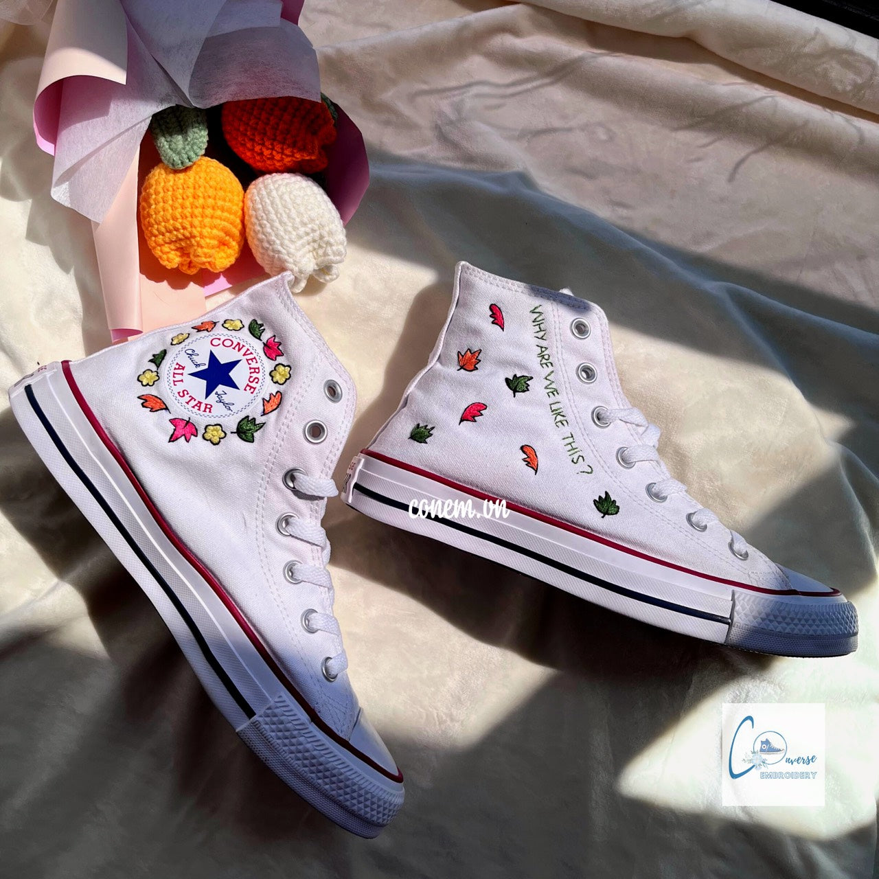 Converse Custom Hand Embroidery, Converse High Tops Embroidered With Heartstopper Drama Design, Vintage Customized Shoes