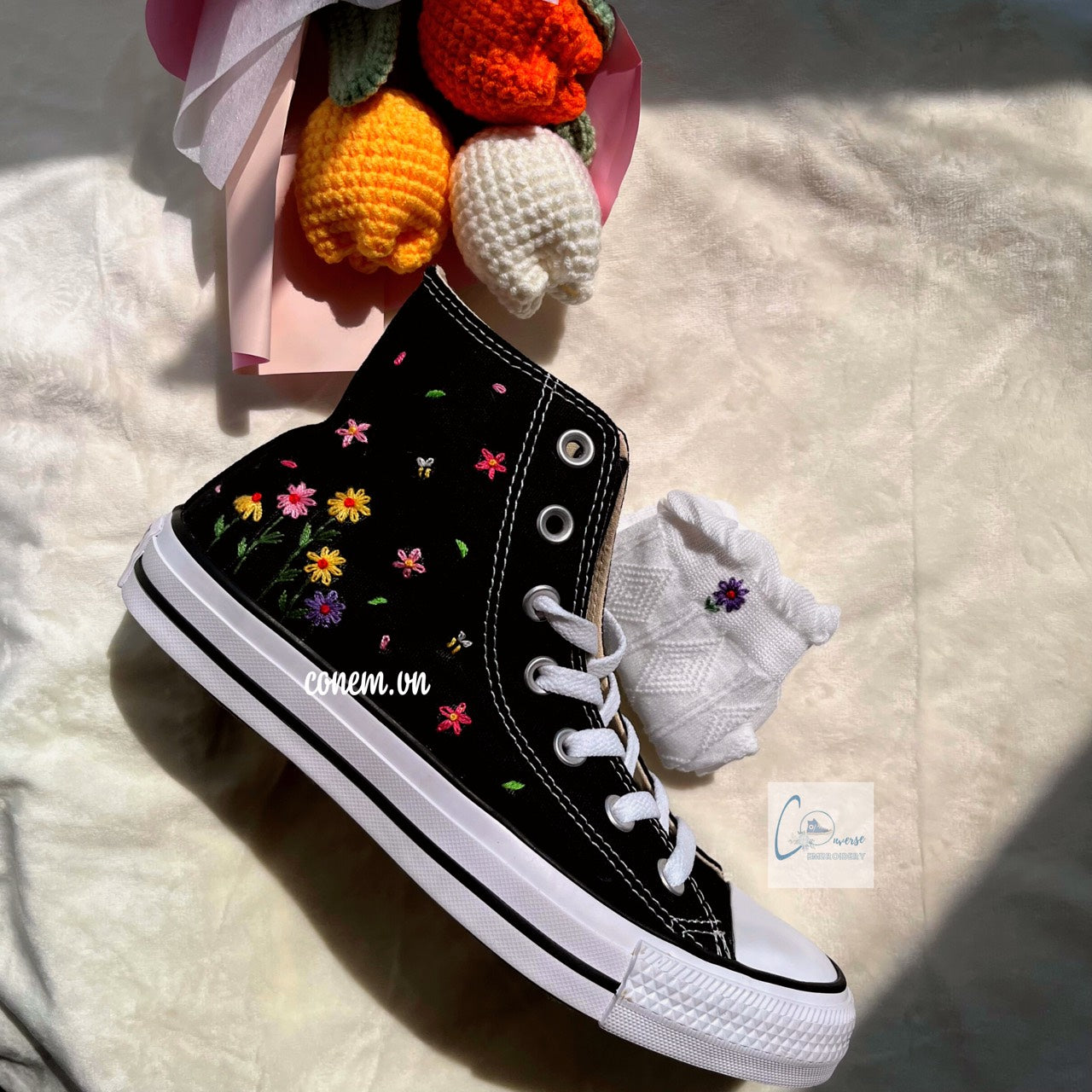 Converse Custom Hand Embroidery, Converse High Tops Embroidered With Floral Embroidery, Vintage Customized Shoes