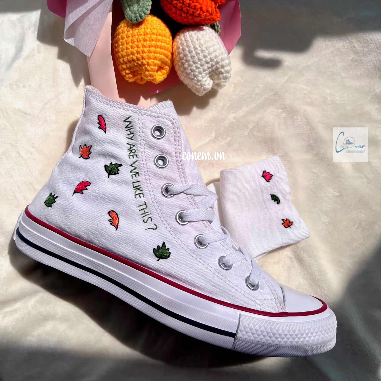 Converse Custom Hand Embroidery, Converse High Tops Embroidered With Heartstopper Drama Design, Vintage Customized Shoes